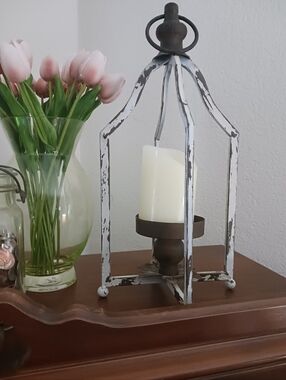 Distressed White Metal 16" Lantern with Brown Candle Holder - Home Accents